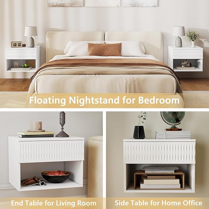 Floating Nightstand Set of 2,Modern Bedside Tables for Bedroom,Small Night Stands with Drawer and Open Shelf, Wall Mounted End SideTables Set for Living Room