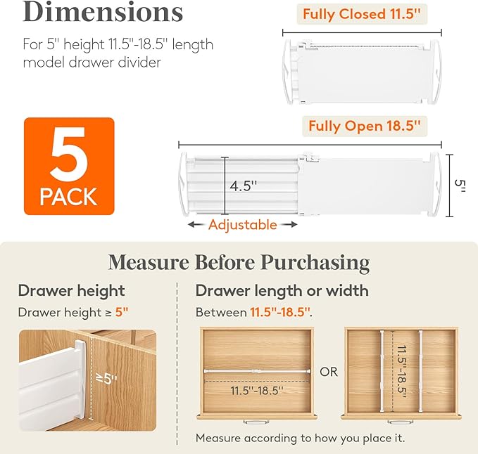 Lifewit 5" Tall 5 Pack Deep Drawer Dividers, 11.5-18.5" Expandable Drawer Divider for Clothes, White Dresser Drawer Storage Organizers, Clothing Drawers Separators for Dresser, Kitchen, Bedroom