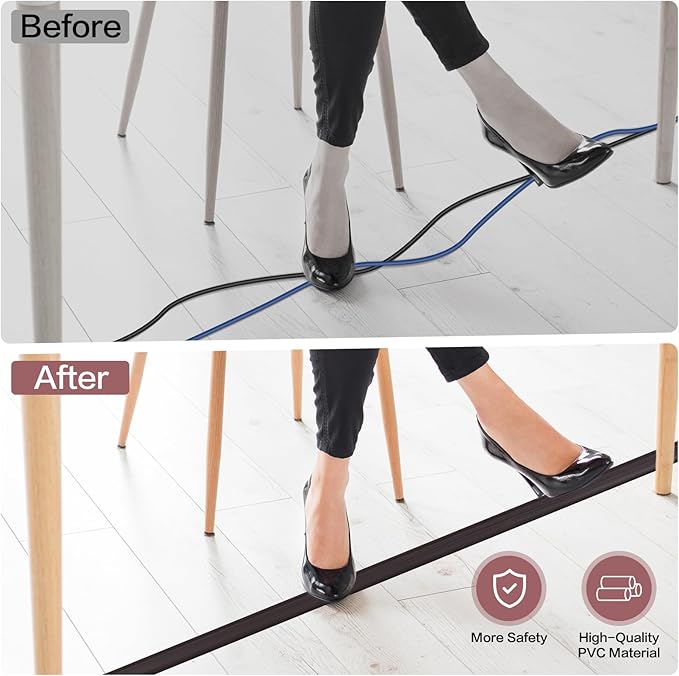 Floor Cord Cover Self Adhesive Cord Hider Floor Extension Cord Covers for Floor Power Cord Protector Cable Management Prevent Cable Trips Cable Cavity 0.51" W x 0.31" H (Dark Walnut, 10Ft)