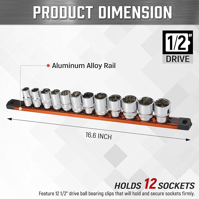 ALOANES 1/2-Inch Drive Magnetic Socket Organizer, Heavy Duty Aluminum Socket Rail Organizer, 360° Swivel Clips Socket Holder Kit for Tool Box, 1/2-Inch Socket Holder x 12 Clips (Orange)