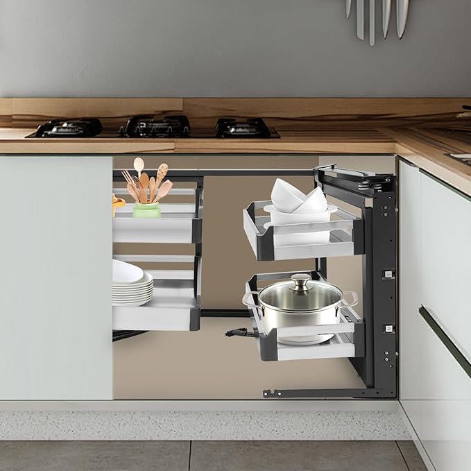 TFCFL Pull-Out Corner Organizer, Blind Corner Cabinet Organizer with 4 Pull-Out Baskets, Swivel Corner Cabinet, Stainless Steel Slide-Out Shelves for Corner Cabinet Space Optimization ﻿