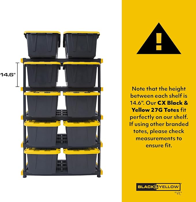 CX Black & Yellow, 5-Tier Heavy Duty Plastic Storage Shelving Unit, 200lbs/shelf (72”H x 48”W x 20”D), for Garage Storage, Warehouse & Basement Use, Modular Rack