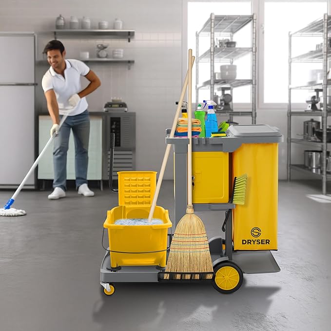 Dryser Commercial Janitorial Cleaning Cart on Wheels - Housekeeping Caddy with Key-Locking Cabinet