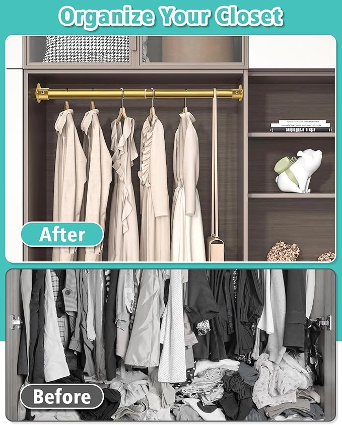 Closet Rod, 17 to 76 Inch Heavy Duty Adjustable Metal Clothing Rack for Hanging Clothes, Closet Poles for Wardrobes, Laundry, Durable Steel, Gold（Upgraded Extra Strong）