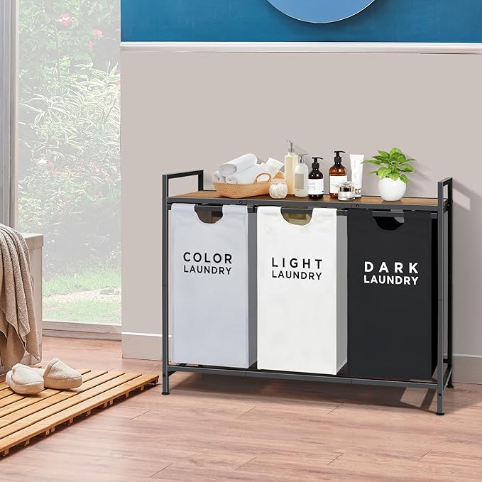 Ollieroo Laundry Hamper,Rolling Laundry Sorter 3 Section,Large Capacity Laundry Basket with Shelf,Laundry Room Organization with 3 Pull-Out and Removable Bags for Bathroom, Laundry Room,Mixed Color