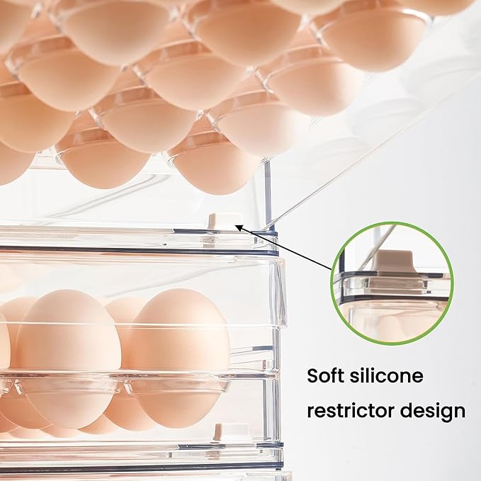 vacane 24 Capacity Egg Holder for Refrigerator Organizer Bins, Clear Egg Storage Container for Fridge Egg Drawer Egg Tray with Non-Slip Pads, Bpa Free Egg Organizer-2 Pack