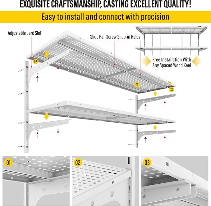 1pack×2 Tier 1.3x4ft Garage Shelving Wall Mounted, 260lbs Load Capacity，15.6x48inch per Shelf Height Cassette Adjustable Floating Shelves(White)