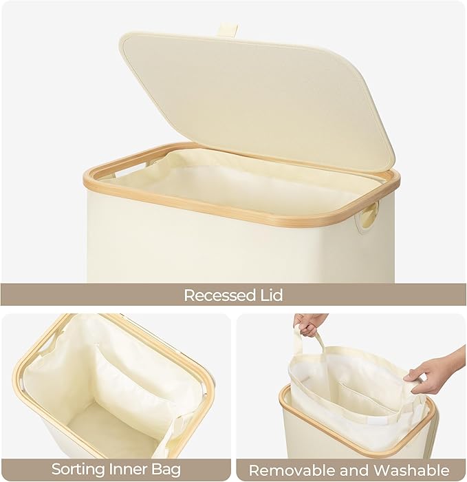 StorageWorks 100L Large Laundry Hamper with Lid, Tall Laundry Basket with Bamboo Handles and 1 Removable Inner Bag, Collapsible Laundry Hamper for Clothing, Towels, Beige, 1-Pack