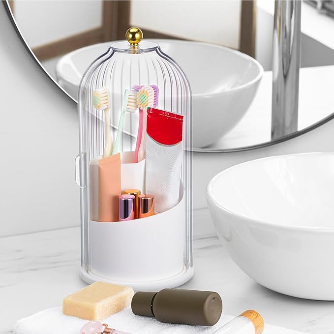 Rotating Makeup Brush Holder With Lid : Makeup Organizer For Vanity Dustproof Cosmetic Brush Organizer For Home Use, White, 9. 84 X 4. 92 X 4. 92 Inches