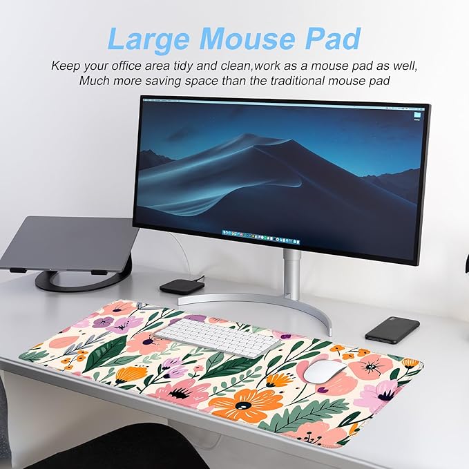 Floral Mouse Pad XXL – Large Extended Desk Mat with Cute Hand-Drawn Flowers,Non-Slip Mousepad for Office, School, Workstation, Gift for Women & Teens, 31.5 x 11.8 in
