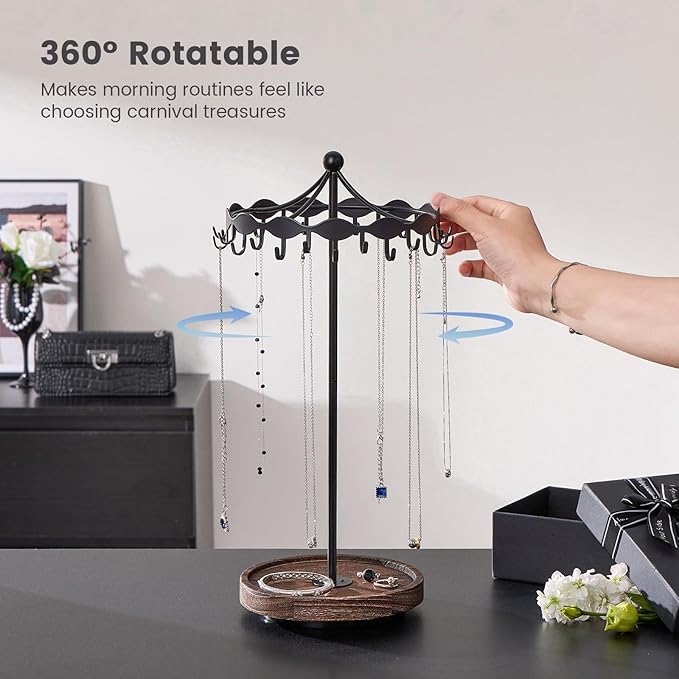 Lolalet Rotating Necklace Holder Stand with Metal Hooks, Spinning Display Carousels, Freestanding Organizer Hanger, for Long Necklaces Chains -Black