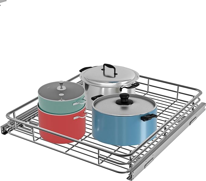 Pull Out Cabinet Organizer (22" W x 21" D), Slide Out Shelves for Kitchen Cabinets, Pull Out Drawers Heavy-Duty Metal Rolling Shelf, Chrome Finish