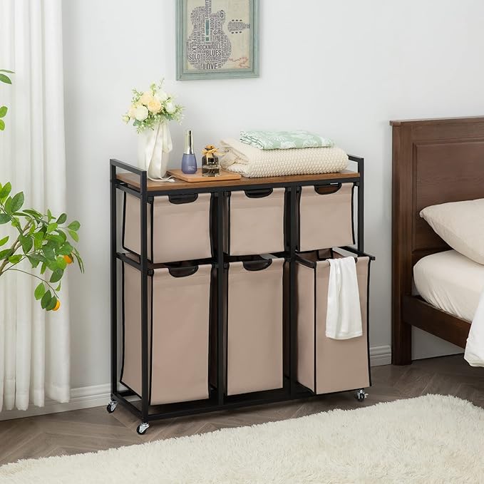 Laundry Basket Organizer, Hampers for Laundry 6 Compartments, Laundry Hamper with 6 Sliding Laundry Sorter Bags, Top Storage Shelf, and Metal Frame (6 Compartments)