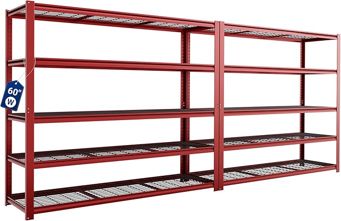 FLEXIMOUNTS 2 Pack 60" W Garage Shelving, 5 Tier Storage Shelves Load 1500LBS, Adjustable Garage Shelving Heavy Duty, Metal Shelves Unit for Basement, Warehouse, 60" W x 72" H x 24" D, Red