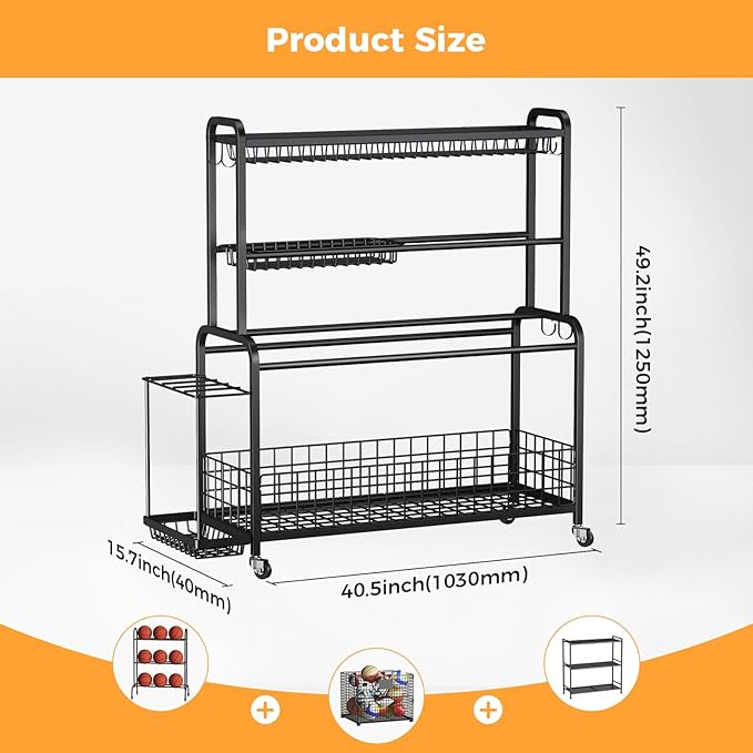 VOPEAK Oversized Sports Equipment Organizer, 4 Layers Rolling Ball Storage Rack for Garage Storage with Wheels Removable Hooks and Baskets Large Capacity Black Ball Holder for Toy Sports Gear Storage