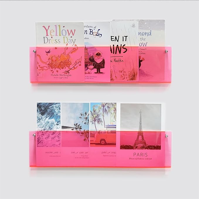 ROYALITA 2-Pack Acrylic Magazine Holder Brochure Holder, 17" Record Holder Magazine Rack, Fashion Hanging Bookshelf Literature Storage Rack for Waiting Room, Living Room, Office, Pink 17 Inch