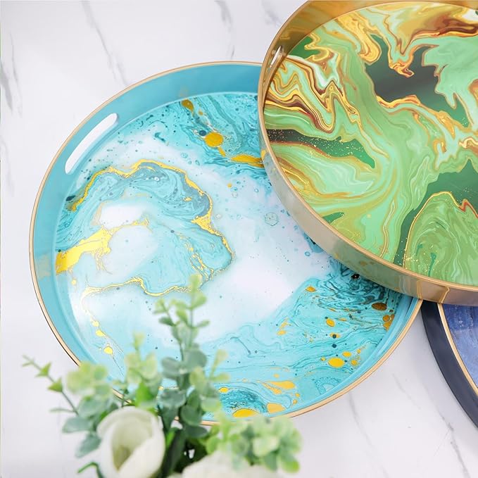 Round White Marbling Decorative Tray with Handles, 13" Morden Plastic Serving Tray for Coffee Table Bathroom, Ottoman, Home Decor