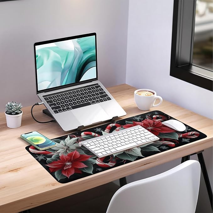 Christmas Flowers Gaming Mouse Pad 35.4"x15.7"Desk Mat Anti-Slip Rubber Base & Durable Stitched Edges for Gamers Smooth Mouse Writing Surface for Desk Office/Home