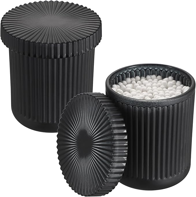 2 Pack Glass Qtip Holder with Lid, Qtip Dispenser Bathroom Storage Jars- Glass Apothecary Jars for Cotton Ball, Swab, Pads, Floss Picks, Bathroom Accessories Organization and Vanity Organizer(Black)