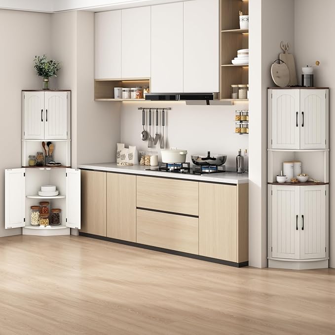 Tall Corner Cabinet, 64.7" Corner Storage Cabinet with 4 Doors and 5 Storage Shelves, Farmhouse Space Saver with Arched Door Design for Living Room, Kitchen, Bathroom, Office