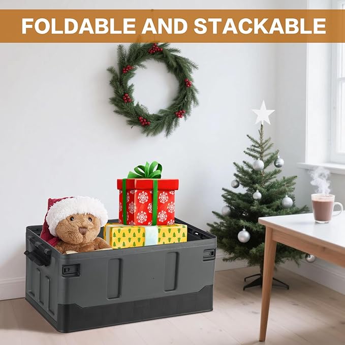 Collapsible Storage Bins with Lids, Portable Foldable Box with 2 Side Doors, Organizing Stackable Storage Cases Large Heavy Duty Utility Crates for Camp Fishing Car RV (Medium-35L)