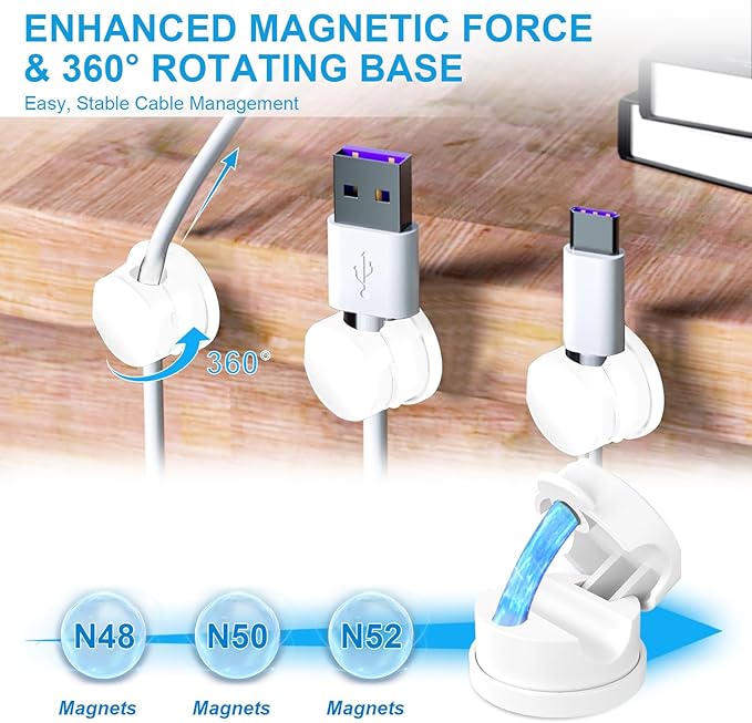 6pcs Magnetic Cord Organizer, 360° Swiveling Adhesive Cable Clips - Compact Cord Holder for Nightstand, Desk, Car, Kitchen & Home Office - Charger Holder Management Solution by MarLigavid (White)