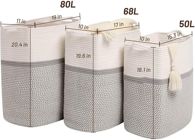 Tall Laundry Basket With Handles,Woven Cotton Rope Big Laundry Hamper Sorters,Versatile Storage for Dirty Clothes,Baby Toys,and Blankets in Bathroom, Nursery,and Living Room (White/Gray, 50L)