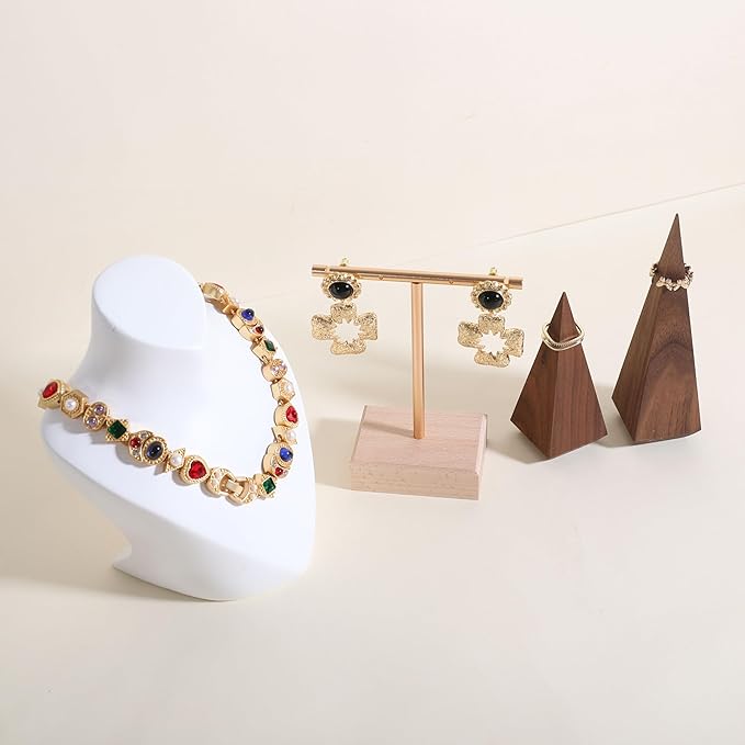GemeShou earrings T display stands for selling, small earring holder jewelry stand with 4 holes on bar, wood earring hanger for boutique display【Beech】