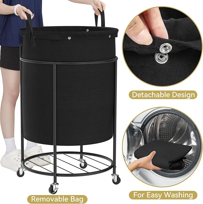 Chrislley 200L Laundry Basket with Wheels,2 section Rolling Laundry Hamper with Removable Bag,Round Laundry Cart with Steel Frame and Handle,Large Dirty Clothes Hamper for Laundry Room,Bedroom(Black)