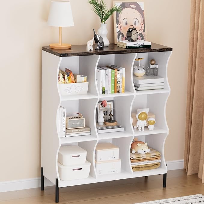 9 Cube Storage Shelf Organizer, Low Book Shelf Bookcase Entryway Table, Wood Closet Storage Display Cabinet TV Stand for Living Room, Office,Bedroom, Dorm, White with Dark Brown Top