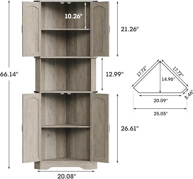 Maupvit Tall Corner Cabinet, Farmhouse Corner Storage Cabinet with 4 Barn Doors and Adjustable Shelves, Storage Pantry Cabinet for Kitchen, Living Room, Laundry Room, Grey