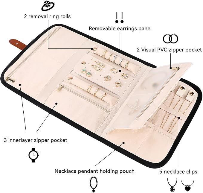 Voova Travel Jewelry Holder Organizer Case, Large Jewelry Storage Bag for Women Girls, Foldable Traveling Jewellery Pouch Roll for Necklaces Rings Earrings Bracelets, Black