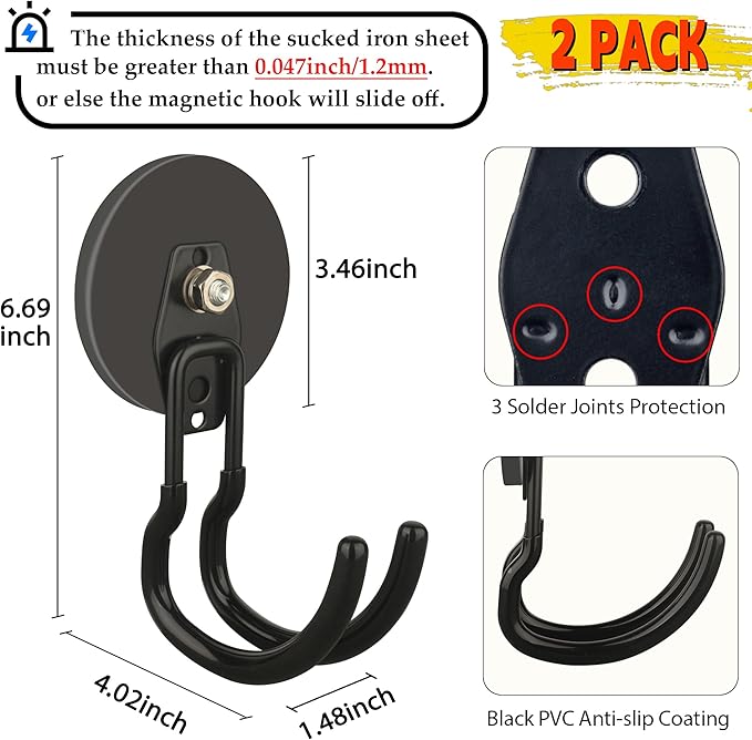 ULIBERMAGNET New Upgraded Extra Large Magnetic Hooks,2 Pack Heavy Duty Ultimate Magnetic Hooks for Metal Cabinet,Pegboard,Garage Shelve,Tool Shed,RV,Shipping Containers (Black/3.46inch)