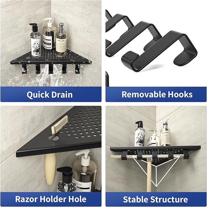 Grout in Shower Shelves with Hooks, 304 Stainless Steel Corner Bathroom Shelf for Tiled Wall (Matte Black, 10'' x 10'')