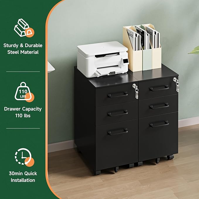 Letaya 3 Drawer Mobile File Cabinet with Lock,Under Desk Metal Filing Cabinets for Home Office Organizer,Small Rolling Printer Stand with Wheels,for Letters/Legal/A4(Assembly Required) (Black)
