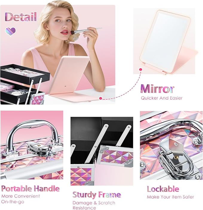 Makeup Case with Lighted Mirror Travel Makeup Organizer Box 2 Trays Lockable Cosmetic Train Case with Movable LED Mirror for Girls Make Up Nail Kits Sewing Vanity Storage Case Shiny Pink