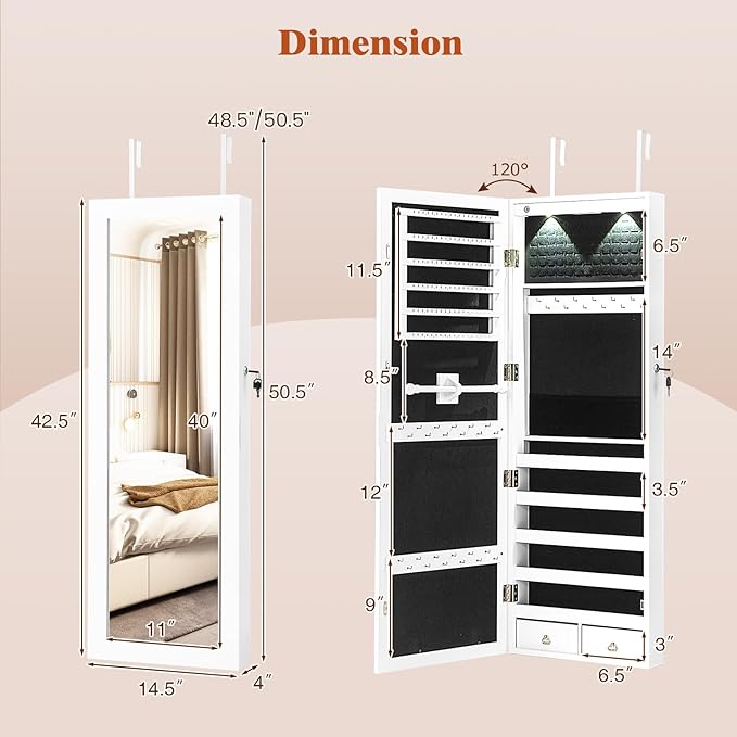 Giantex Jewelry Armoire Wall Door Mounted, Lockable Jewelry Cabinet with 42.5'' Full Length Mirror, 2 LEDs Jewelry Organizer Box with 2 Drawers, Mirror with Jewelry Storage (White)