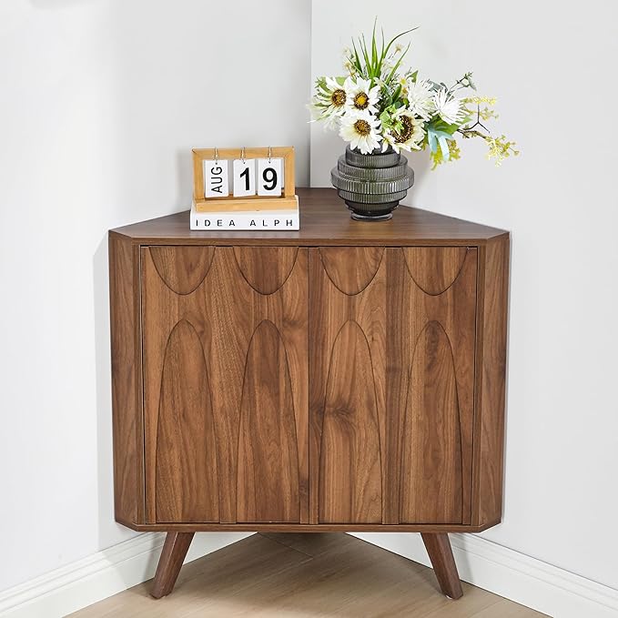 Small Corner Cabinet,Corner Floor Cabinet with Adjustable Doors and Shelve, Freestanding Narrow Storage Organizer for Kitchen Living Room Bathroom (Walnut)