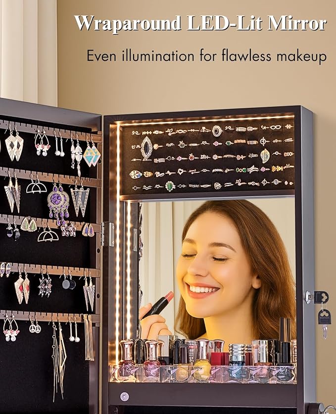 LUXFURNI Mirror Jewelry Cabinet 79 LED Lights Wall-Mount/Door-Hanging Jewelry Armoire with Mirror, Lockable Storage Organizer w/Drawers, Brown