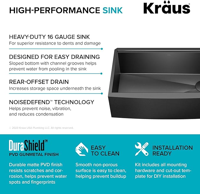 KRAUS Kore Workstation 33-inch Farmhouse Apron Front 16 Gauge Black Stainless Steel Single Bowl Kitchen Sink in PVD Gunmetal Finish with Accessories, KWF210-33/PGM