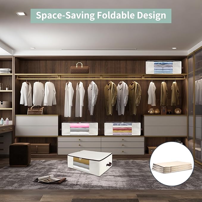 Iwill CREATE PRO 25.5"x17.7"x9" Storage Bag with Clear Window - Foldable Canvas Clothes Organizer for Winter Coats, Blankets, Pillows - Triple-Zip Lockable Design & Handles - Beige (1-Pack)