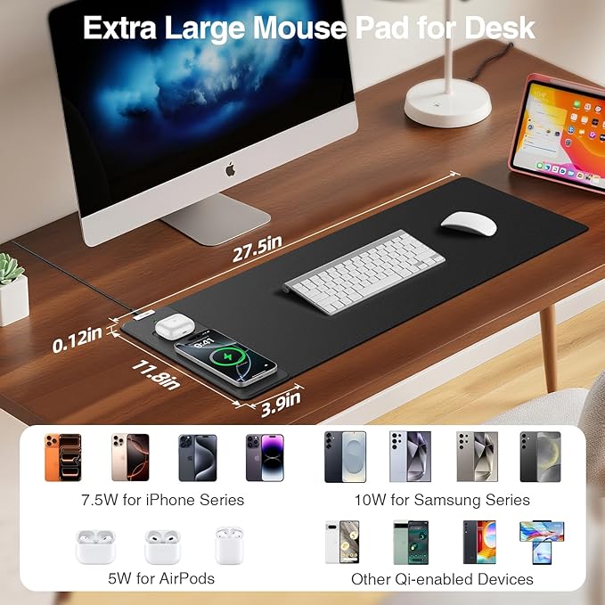 Magnetic Wireless Charging Mouse Pad, 27.5"x11.8" Gaming Desk Mat for Keyboard/Laptop, Non-Slip Base & 20W PD Adapter, Waterproof Smooth Desk Writing Pad for Gamer, Office & Home, Black