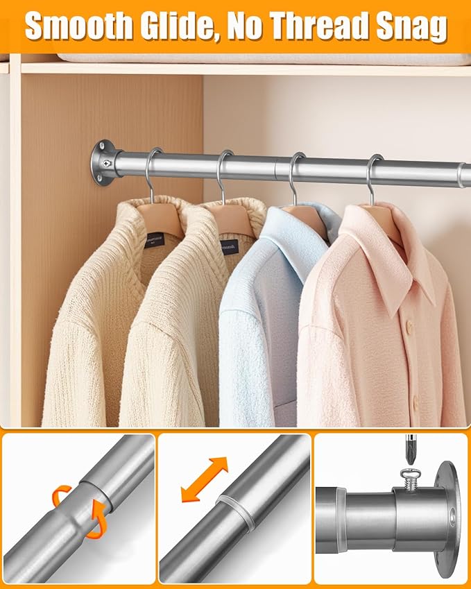 Closet Rods for Hanging Clothes, 17-76 Inch Heavy Duty and Stepless Adjustable Closet Poles, Stainless Steel Closet Hanging Rod for Closet, Wardrobes, Laundry Room, Bathroom, RV (Silver)