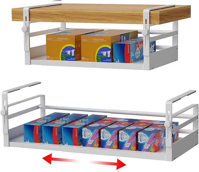 2Pack Under Shelf Basket Organizer, Adjustable Under Cabinet Shelf Storage, Hanging Holder Length Stretchable 13-21Inch for Kitchen Pantry Desk Counter Bookshelf Cupboard (White)