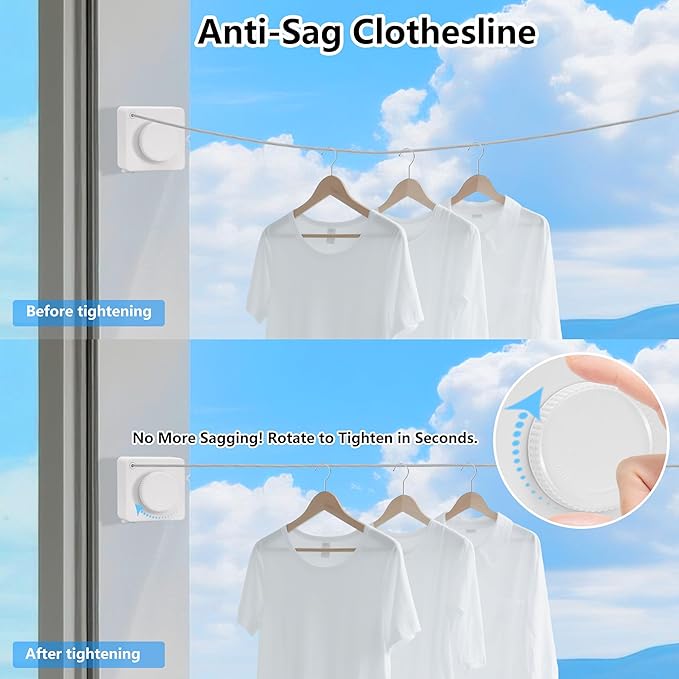 15.7Ft Retractable Clothesline Indoor an Anti-sag Retractable Clothesline Outdoor,Laundry Line Wall Mounted Stainless Steel Wire Laundry, with 12 Clip(White)