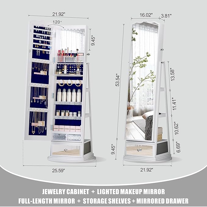 Full-Length Mirror Jewelry Cabinet Standing, 360° Swivel Jewelry Armoire with Mirror and LED Lights, Built in Mirror & Large Storage Shelves & Drawer, White