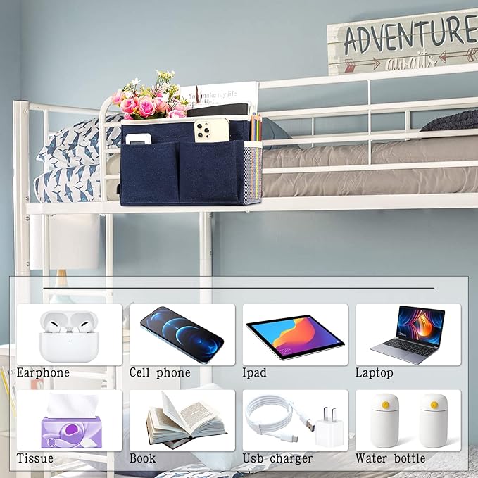 Bedside Caddy Bedside Storage Organizer Hanging Bunk Bed Dorm Room with Side Pockets for Water Bottles, Books, Cell Phones, Headphones (Dark Blue)