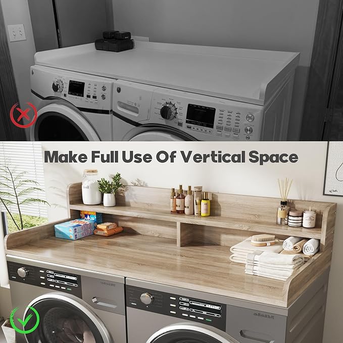 2-Tier Washer and Dryer Countertop with 2.75" H Guard,58" W x 28" D Laundry Countertop Cover with Non-Slip Pad,Large Space Laundry Topper for Folding Clothes Over Washer and Dryer-White Oak