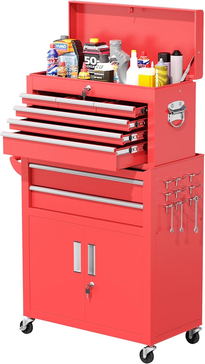 Greenvelly Tool Chest, 8-Drawer Rolling Tool Chest with Hooks and Lockable Wheels,Metal Storage Detachable Top Tool Box with Lockable Wheels for Garage,Workshop,Art Studio(Red)