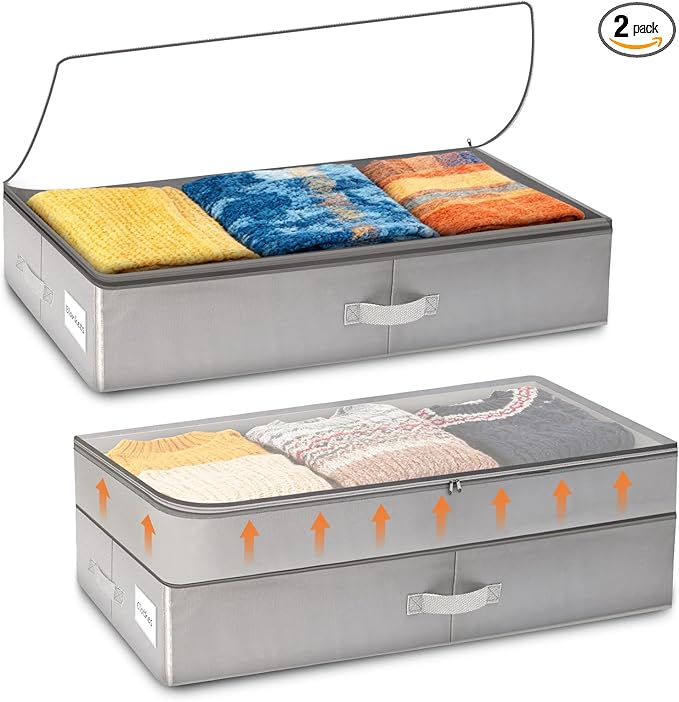 2 Pack 80L Under Bed Storage, Adjustable Height Large Storage Bins With Lids Handles Label Holder, Underbed Storage Containers for Blanket Clothes Shoes Bedroom Closet, Grey